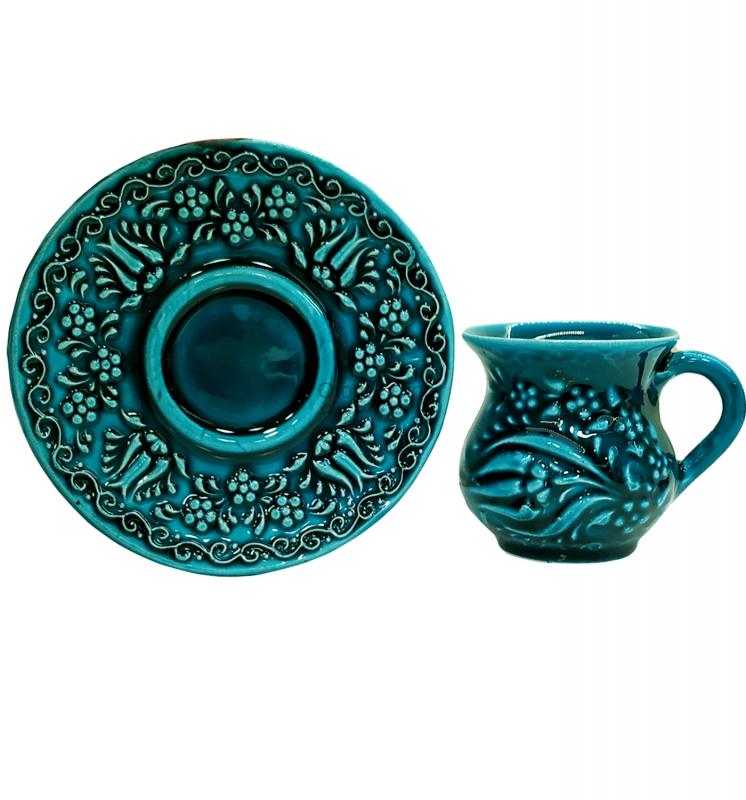 Kütahyadan 6 Kişilik Turkuaz Seramik Kabartmalı Çini Motifli Türk Kahvesi Fincan Takımı