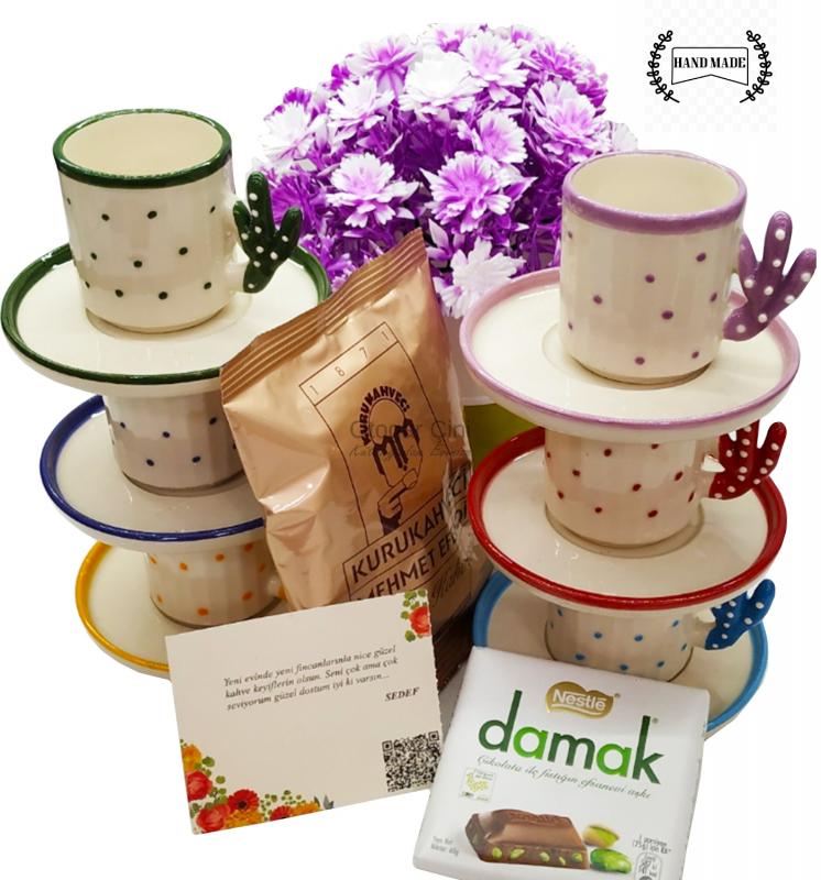 Hediyelik Kaktüs 6 Kişilik 90 Ml Kahve Fincan Takımı+1 Adet 100 gr  Kahve+ 1 Adet Çikolata -Gift Set