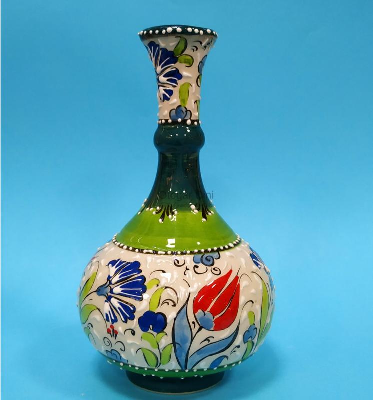 El Yapımı Çini Vazo-21 X12 Cm Samur Fırça Işçiliği Yeşil samur 21 cm