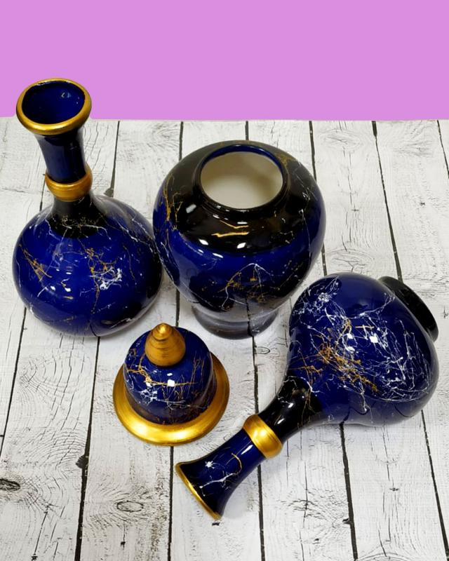 Otogar Çini-3’lü Mermer Desenli Konsol Seti Lacivert Renk Gold Yaldızlı- 1 Küp 25 cm -2 vazo 21 cm