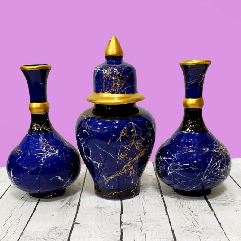 Otogar Çini-3’lü Mermer Desenli Konsol Seti Lacivert Renk Gold Yaldızlı- 1 Küp 25 cm -2 vazo 21 cm