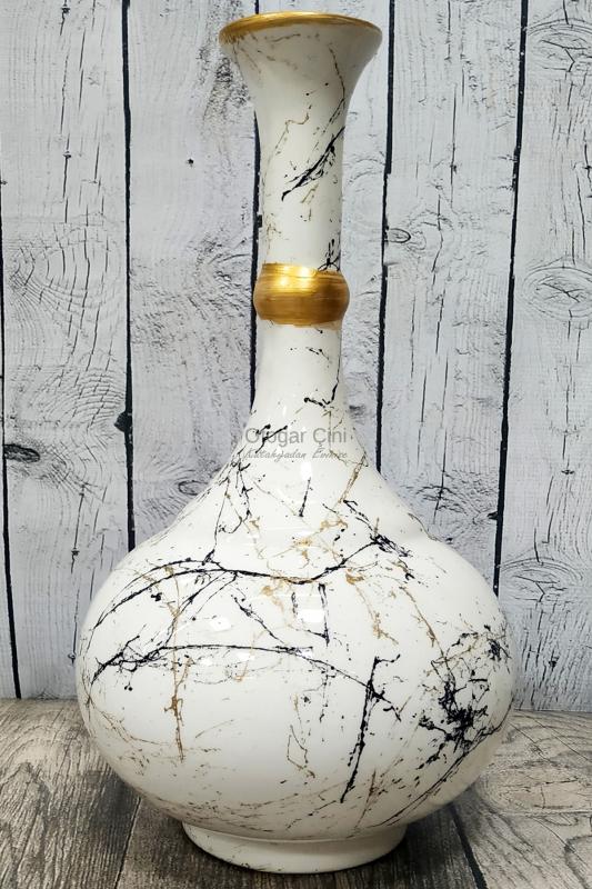 El yapımı 30 cm mermer desenli çini gözyaşı vazo Gold yaldızlı -Beyaz