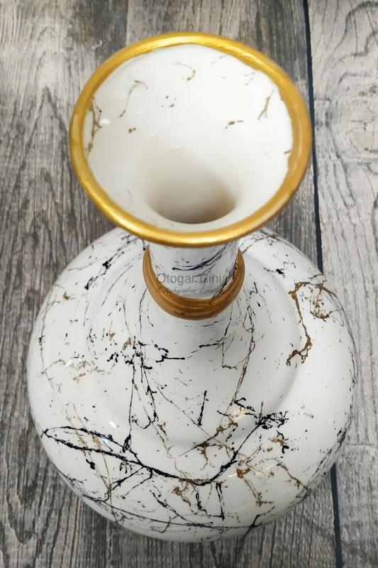 El yapımı 30 cm mermer desenli çini gözyaşı vazo Gold yaldızlı -Beyaz