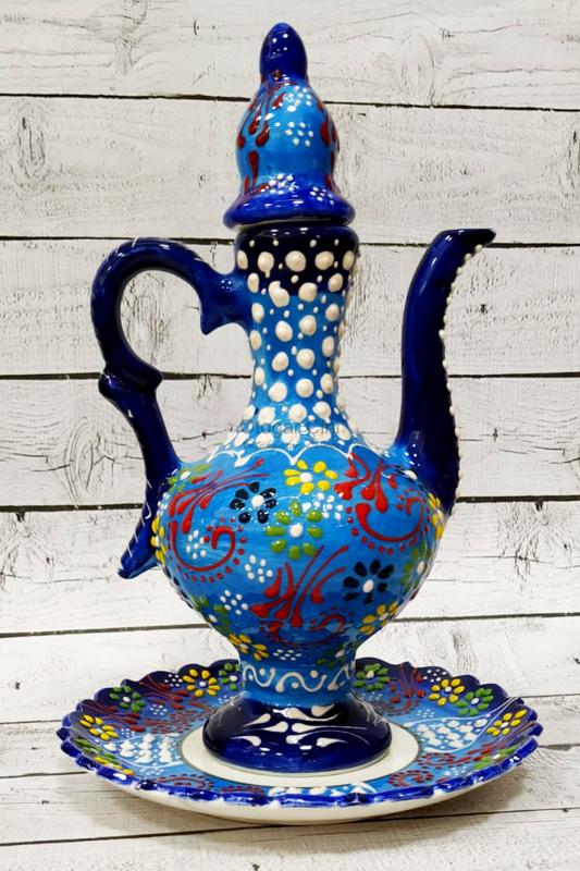 El yapımı orta boy çini ibrik-Alt tabaklı Mavi renk kabartmalı dantel işleme