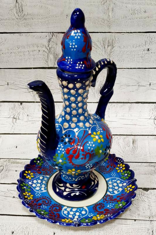 El yapımı orta boy çini ibrik-Alt tabaklı Mavi renk kabartmalı dantel işleme