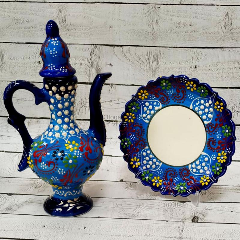 El yapımı orta boy çini ibrik-Alt tabaklı Mavi renk kabartmalı dantel işleme