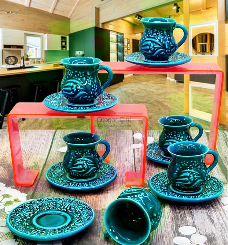 Kütahyadan 6 Kişilik Turkuaz Seramik Kabartmalı Çini Motifli Türk Kahvesi Fincan Takımı
